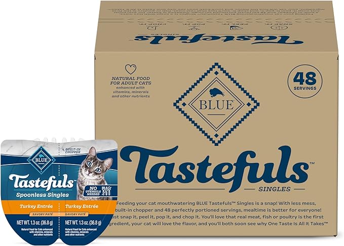 Blue Buffalo Tastefuls Spoonless Singles Adult Pate Wet Cat Food, Turkey Entrée, Perfectly Portioned Cups in (24) 2.6-oz Twin-Pack Trays