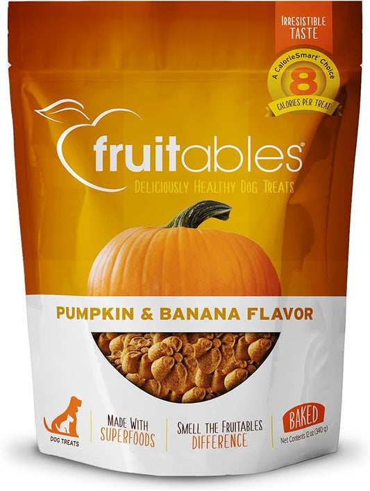 Fruitables Baked Dog Treats – Healthy Low Calorie – Free of Wheat, Corn and Soy – Pumpkin and Banana – 12 Ounces