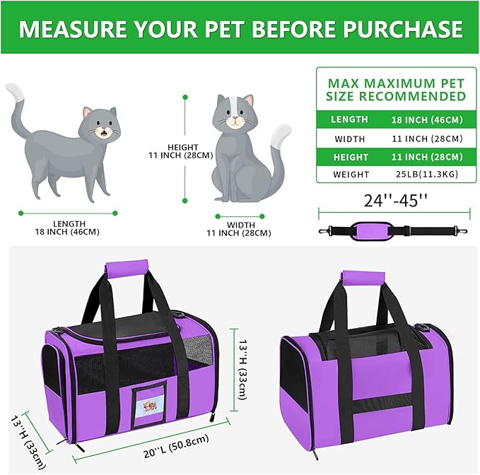 Extra Large Pet Carrier 20 lbs+, Soft Sided Cat Carriers for Large Cats Under 25 lbs, Folding Big Dog Carrier 20"x13"x13", Cat Carrier for 2 Cats Travel Carrier -Large- Purple