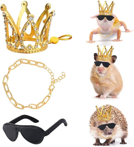 Bearded Dragon Accessories Set Including Crown Necklace Sunglasses with Adjustable Elastic Chin Strap Reptile Clothes Lizards Gecko Chameleon Iguana Frogs for Photo Props Birthday Gift