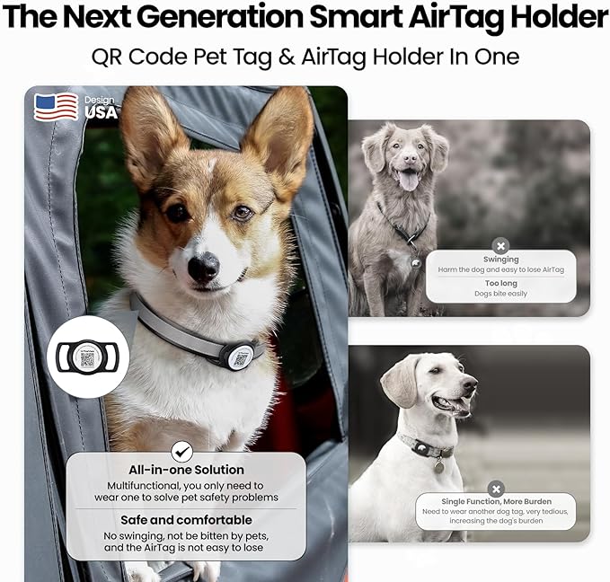 AirTag Dog Collar Holder, Smart QR Code AirTag Holder for Cats and Dogs - Scan Alert | Instant Location | Pet Online Profile | Contacts Info | Pet APP Remote Control (1 Pack, Black)