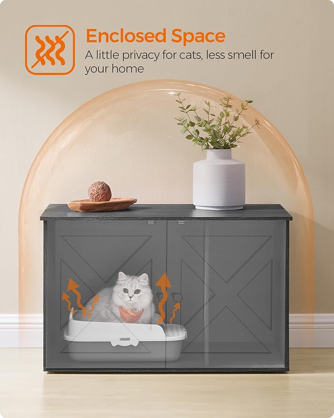 Feandrea Cat Litter Box Enclosure, Litter Box Furniture Hidden with Removable Divider, Indoor Cat House, End Table, 31.5 x 20.9 x 19.7 Inches, Ink Black UPCL002B01