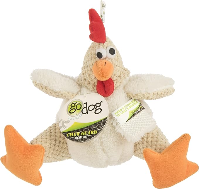 goDog Checkers Fat Rooster Squeaky Plush Dog Toy, Chew Guard Technology - White, Large