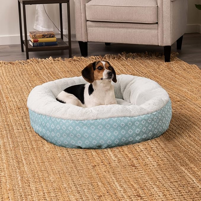 Furhaven 30" Round Donut Dog Bed for Medium/Small Dogs, Refillable w/ Removable Washable Cover, For Dogs Up to 45 lbs - Plush & Diamond Print Donut Bed - Aqua, Medium