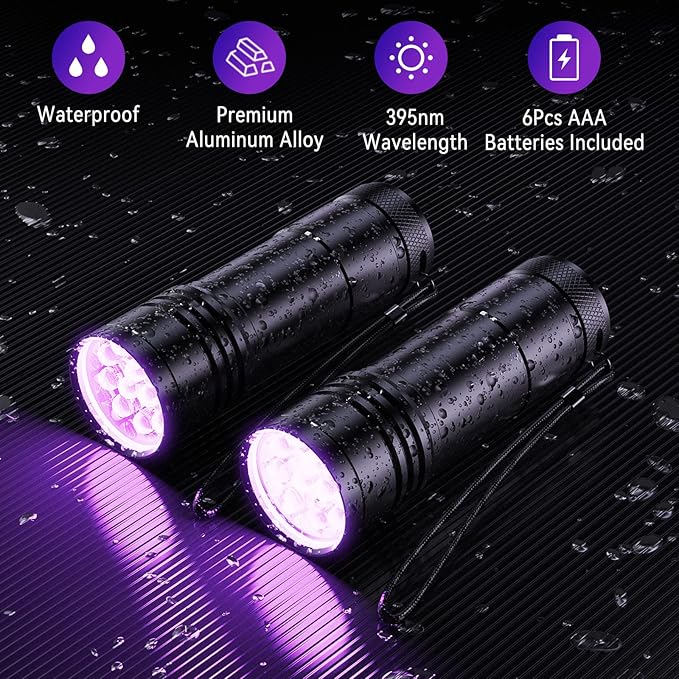 UV Flashlights, 2 Pack Black Light Flashlights with 12 LED and 395 nm Black Light for Pet Urine and House Stains Detecting, 6 AAA Batteries Included