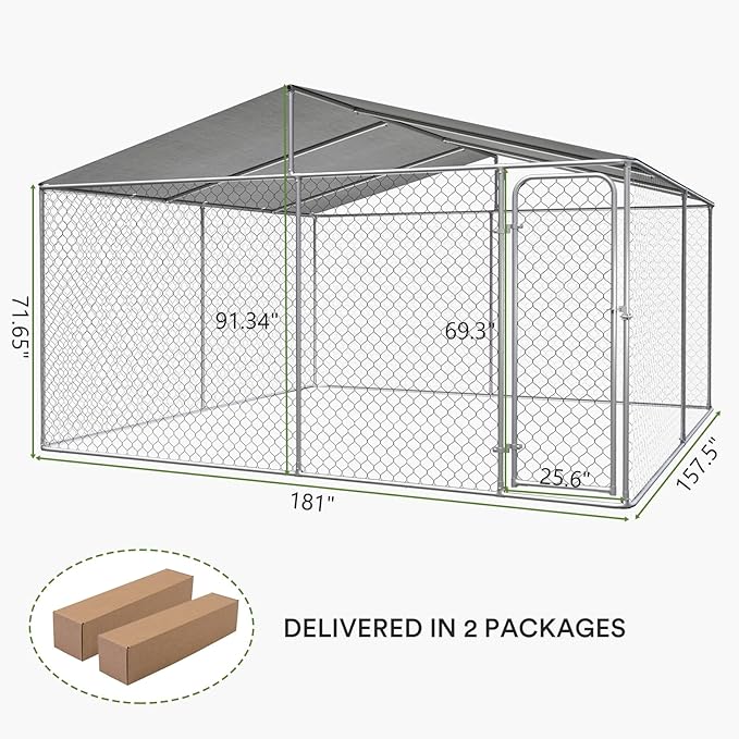 13x13 Extra Large Outdoor Dog Kennel, Dog Kennel Outside with Roof, Heavy Duty Dog Run Fence with Anti-UV & Waterproof Cover and Lockable Door, Covered Dog Playpen for Large Dogs