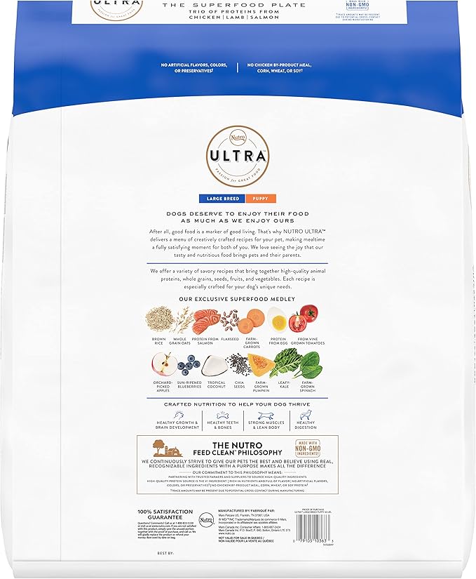 NUTRO ULTRA Large Breed Puppy High Protein Natural Dry Dog Food with a Trio of Proteins from Chicken, Lamb and Salmon, 30 lb. Bag