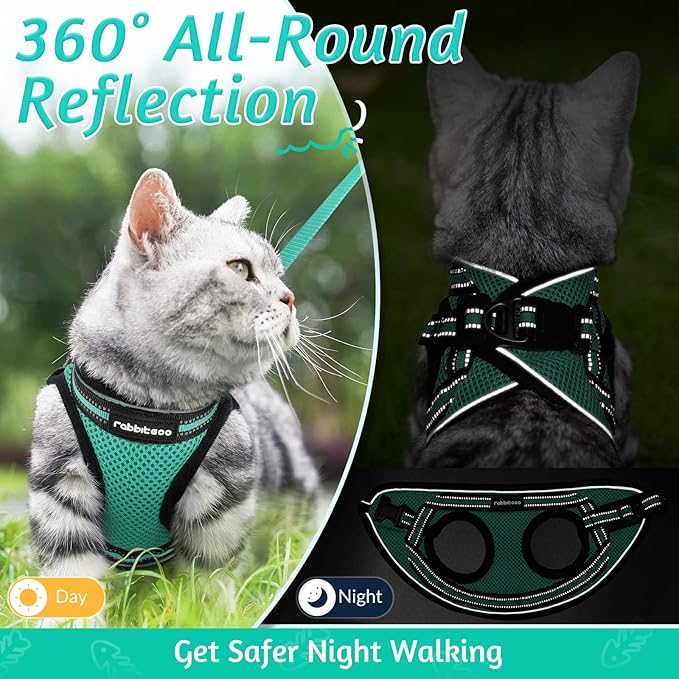 rabbitgoo Cat Harness and Leash Set for Walking Escape Proof, Adjustable Soft Kittens Vest with Reflective Strip for Cats, Comfortable Outdoor Vest,Green,M