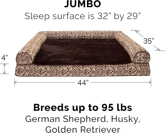 Furhaven Orthopedic Dog Bed for Large Dogs w/ Removable Bolsters & Washable Cover, For Dogs Up to 95 lbs - Plush & Southwest Kilim Woven Decor Sofa - Desert Brown, Jumbo/XL