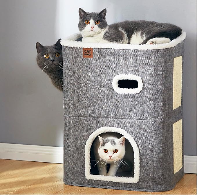 CATBOAT 2-Storey Cat House for Indoor Cats Bed, Covered Cat Cave Beds & Furniture with Scratch Pad and Hideaway Cave, Cute Modern Cat Condo for Multi Small Pet Large kitten kitty, Grey