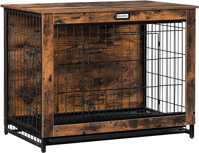 HOOBRO Dog Crate Furniture, Large Dog Kennel, Wooden Pet Furniture with Pull-Out Tray, Home and Indoor Use, Double Doors Modern Side End Table for Medium/Large/Small Dog, Rustic Brown BF802GW03G1