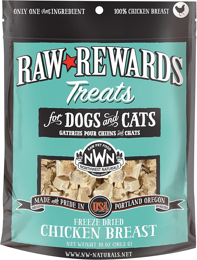 Northwest Naturals Raw Rewards Freeze-Dried Chicken Breast Treats for Dogs and Cats - Bite-Sized Pieces - Healthy, 1 Ingredient, Human Grade Pet Food, All Natural - 10 Oz (Packaging May Vary)