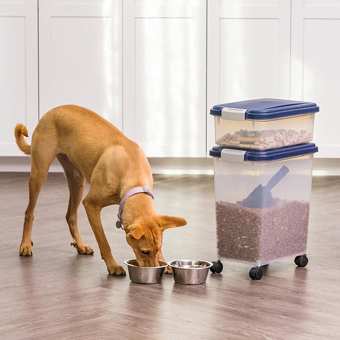 IRIS USA 30 lbs & 11 lbs Combo Airtight Dog Food Storage Container, Stackable Treat Box, 2-Cup Scoop, Wheels, Keep Fresh, Easy Mobility, Navy