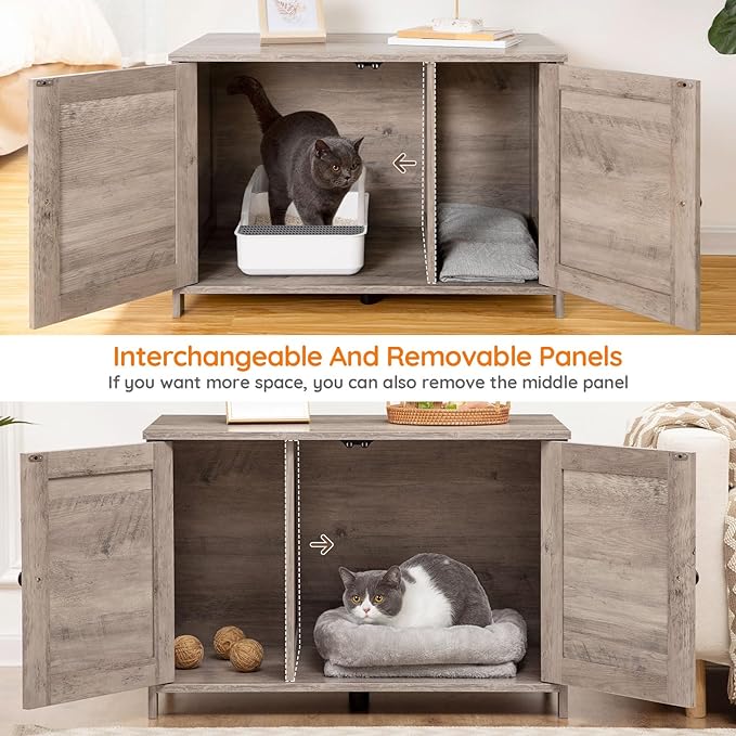 HOOBRO Litter Box Enclosure, Cat Litter Box Furniture with Removable Divider, Large Hidden Litter Box Furniture, Wooden Cat House, End Side Table, 31" L x 17.5" W x 18" H, Greige BG03MW01