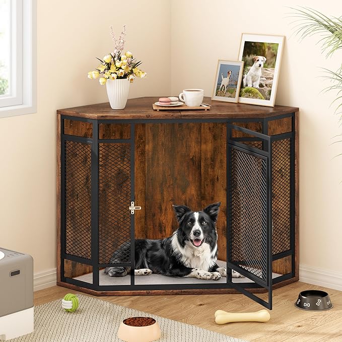 YITAHOME Corner Dog Crate Furniture, 52" Wooden Dog Crate with Dog Cushion, Dog Kennel Indoor for Small Medium Large Dogs, Brown