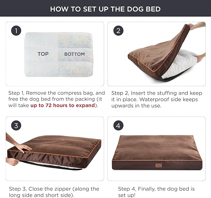 Bedsure Waterproof Dog Beds for Large Dogs - Up to 75lbs Large Dog Bed with Washable Cover, Pet Bed Mat Pillows, Brown
