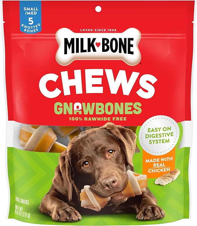 Milk-Bone Chews GnawBones Rawhide Free Dog Treats, Chicken, 5 Long Lasting Small/Medium Knotted Bones