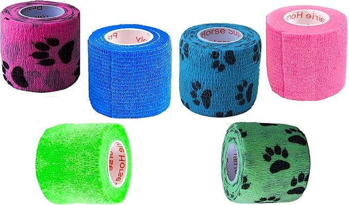 2 Inch Vet Wrap Tape Bulk (Blue, Neon Green, Neon Pink, and Black Paw Prints on Blue, Neon Green, Neon Pink) (Pack of 6) Self Adhesive Adherent Adhering Flex Bandage Grip Roll for Dog Cat Pet