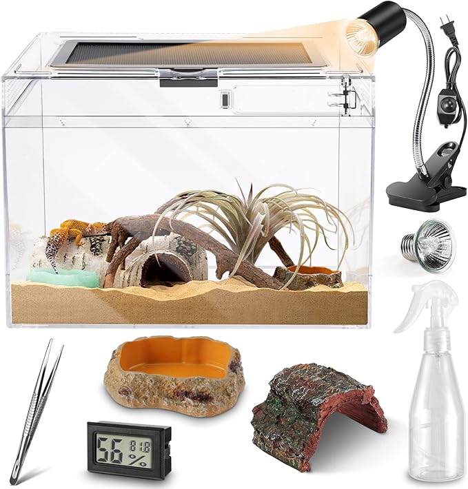 Reptile PC Terrarium, Anti Breakage 12x7x9 inch Amphibians Tank Starter Kits, Top Sliding Door Screen Ventilation Mini Habitat Cages, Hygrometer Thermometer, Hide Cave, Vines, Tweezer, Sprayer