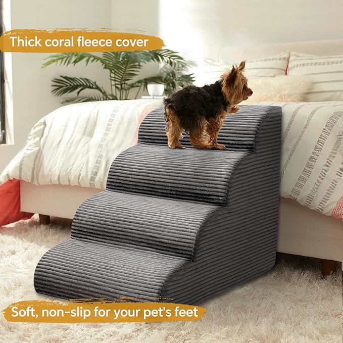 Curved Dog Stairs Ramp for High Beds 19.7" H, 4-Step Dog Steps for Small Dogs and Cats, Removable and Washable Pet Stairs for High Bed Climbing, Non-Slip Balanced Pet Step Indoor, Deep Grey