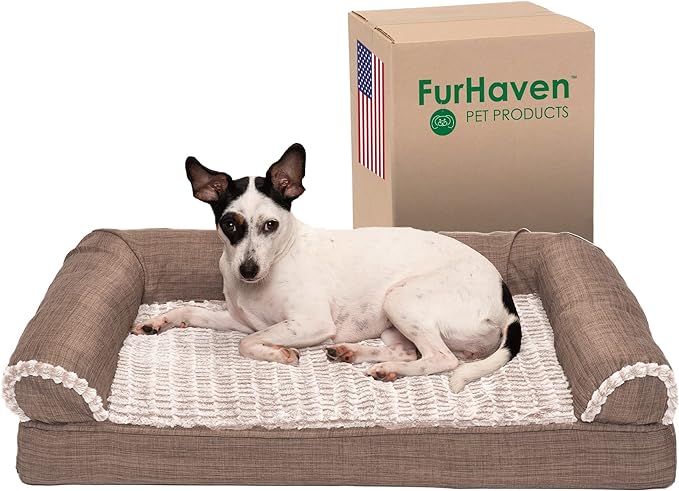Furhaven Memory Foam Dog Bed for Medium/Small Dogs w/ Removable Bolsters & Washable Cover, For Dogs Up to 35 lbs - Luxe Faux Fur & Performance Linen Sofa - Woodsmoke, Medium