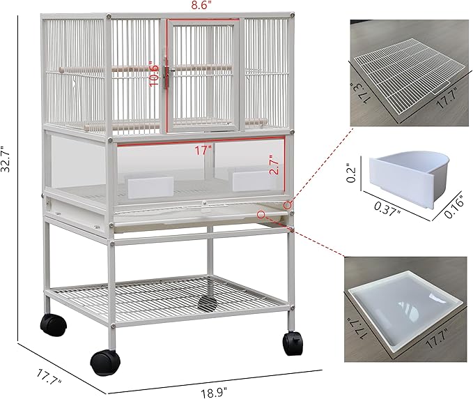 Parakeets Flight Bird Cage-30 inch 2 in1 Large Bird Cage with Rolling Stand Playtop Parrot Chinchilla Finch Cage Macaw Cockatoo Pet House Wrought Iron Birdcage, White