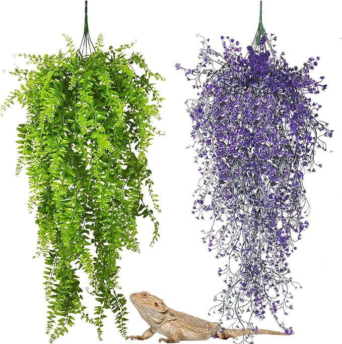 PINVNBY 2 Pack Reptile Plants Terrarium Hanging Fake Vines with Suction Cup Artificial Leaves for Bearded Dragons Lizards Geckos Snake Hermit Crab (Purple and Green)