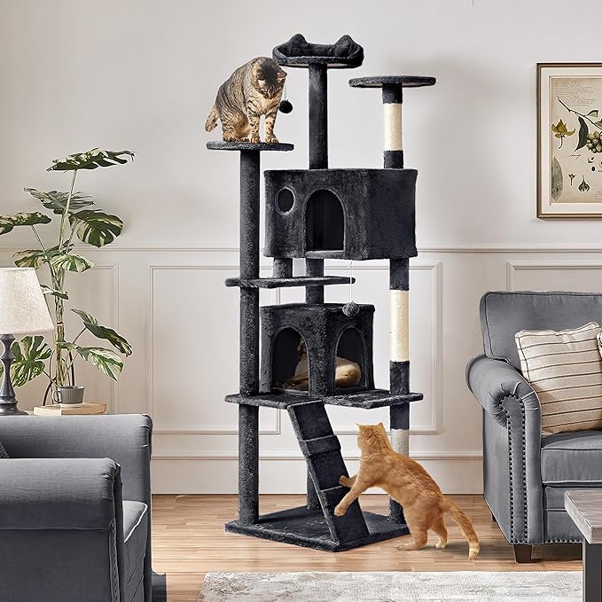 Yaheetech Larget Cat Tree, 80in Multi-Level Cat Tower with Cat Scratching Posts, Double Cat Condo, Perched Platforms and Dangling Balls, Cat Activity Center for Kittens Pet, Black