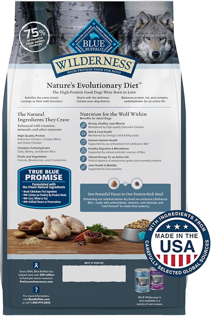 Blue Buffalo Wilderness Natural High-Protein Dry Food for Adult Dogs, Chicken Recipe, 13-lb. Bag