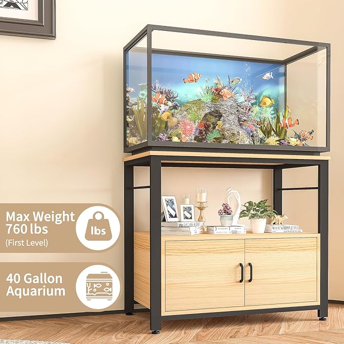 Fish Tank Stand Metal Aquarium Stand with Cabinet Accessories Storage 40-50 Gallon, Double Layer Metal with Storage Weight Capacity 760lbs, Black Walnut Brown