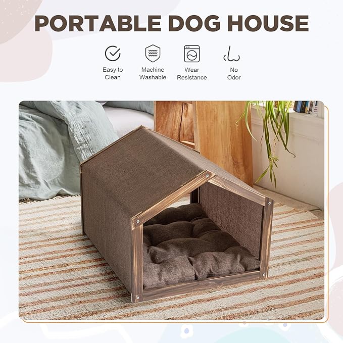 Dog House with Wooden Frame for Small Dogs or Cats Pet House with Fabric Cushion for Indoor (Brown)