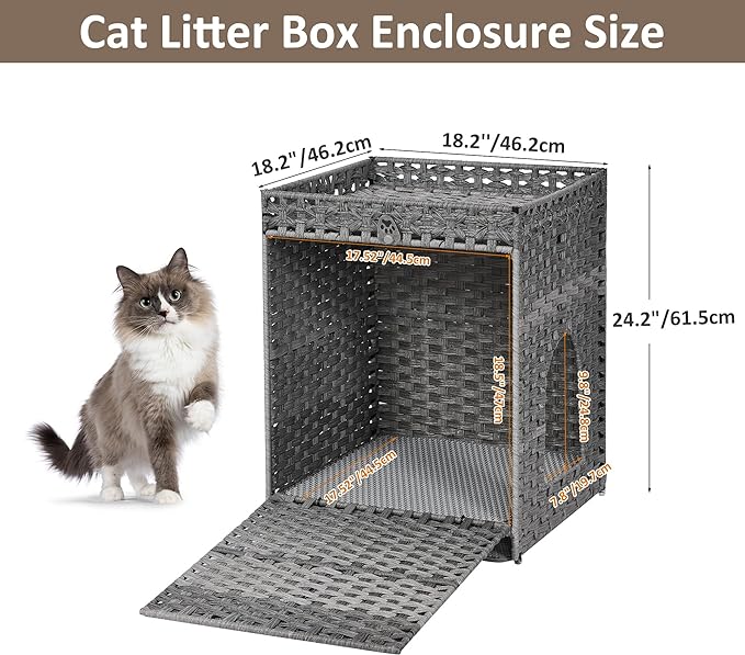 Cat Litter Box Enclosure with Soft Litter Mat; Hidden Cat Washroom Furniture with Door; Handwoven Rattan Cat House; Pet Crate for Living Room, Bedroom, Balcony (Grey)