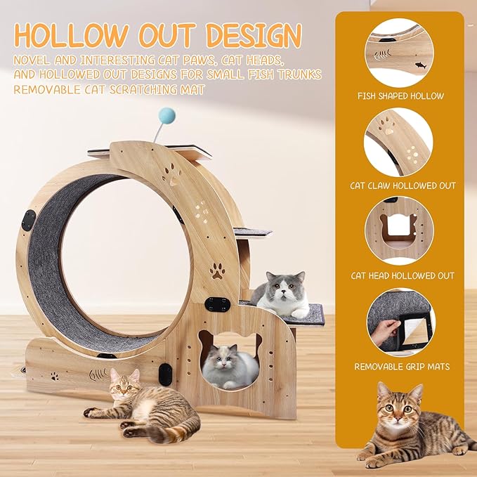 4-in-1 Cat Exercise Wheel, Cat Wheel Wood with Eight TPE Sile, Cat Litter Fitness Wheel for Indoor Cats,Climbing Ladders,Cat Scratching Board,Cat Bowls,Natural Wood