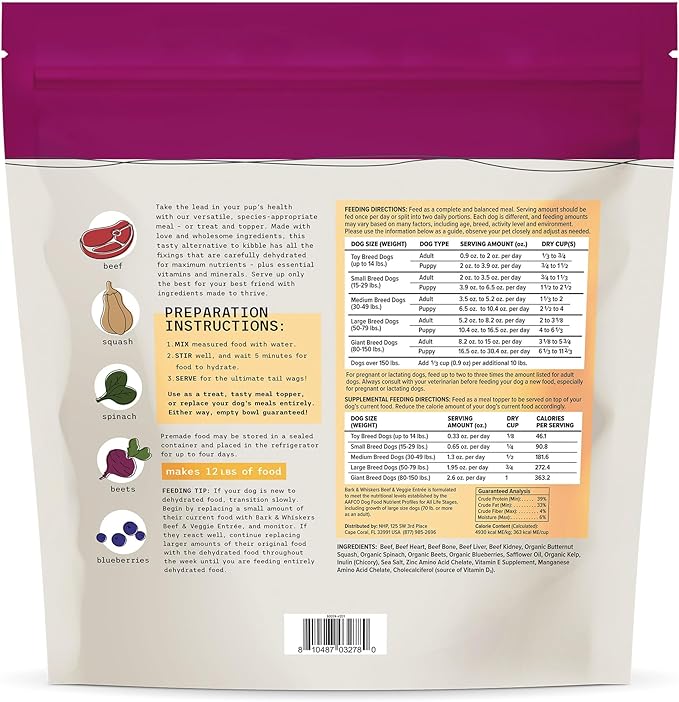 Dr. Mercola Bark & Whiskers Dehydrated Beef and Veggie Entrée, 3 lb., Makes 12 lbs. of Food for Dogs, Digestive Support, Vet Formulated, Non-GMO