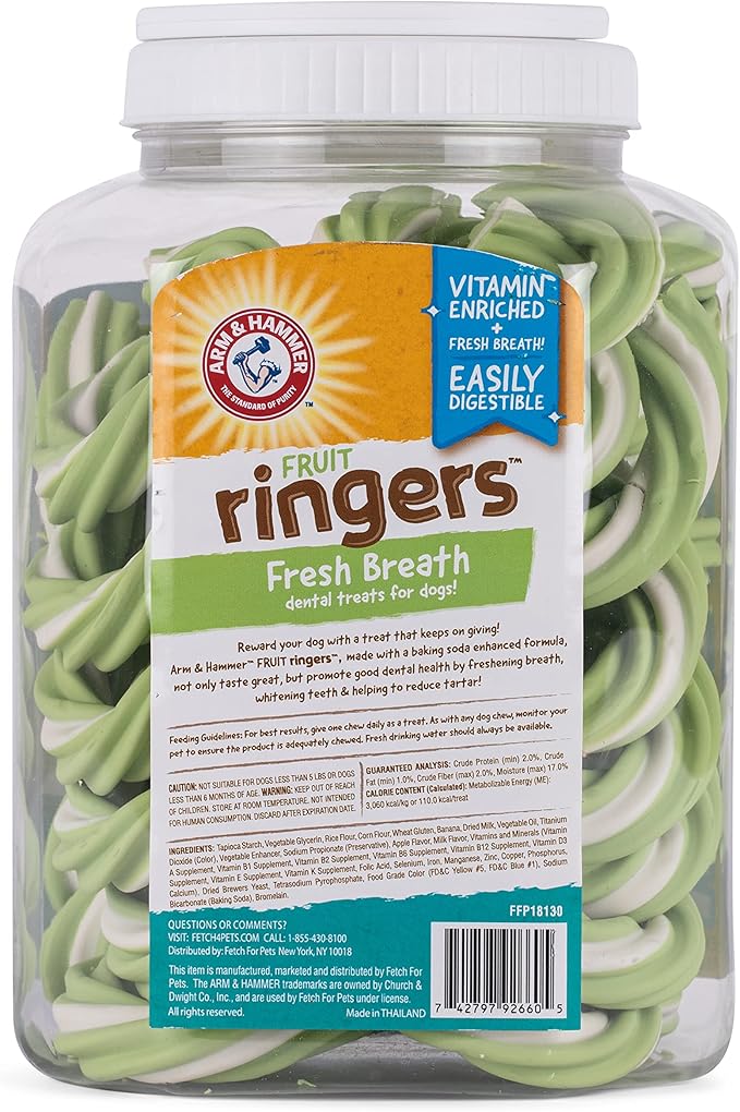 Arm & Hammer for Pets Ringers Dental Treats for Dogs Dog Dental Chews Fight Bad Breath & Tartar Without Brushing Fruity Green Apple Flavor Dog,Dental Dog Chews Value Bucket(Pack of 1,32 Count)