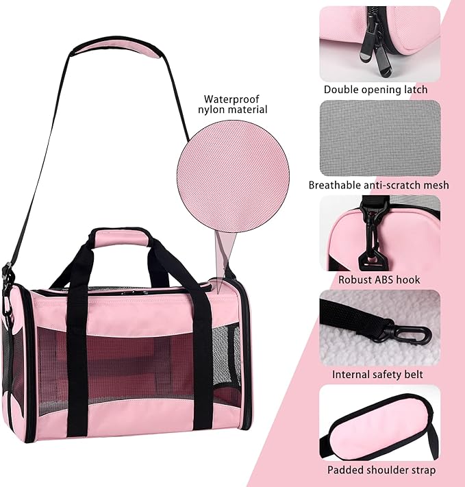 Cat Carrying Case - Pet Carrier Airline Approved, Protable and Breathable Pet Travel Carrier Removable Fleece Pad, Collapsible Cat Carrier Dog Carrier for Medium Cats Small Cats Dogs (Medium, pink)