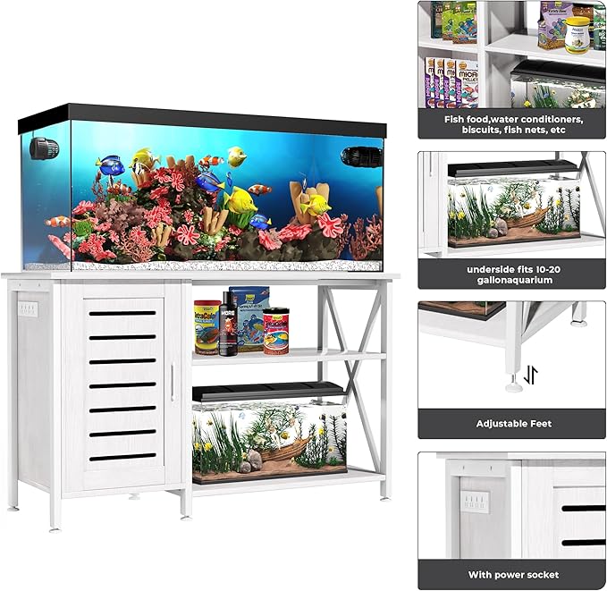 55-75 Gallon Fish Tank Stand, Aquarium Stand with Power Outlets and Cabinet for Fish Tank Accessories Storage, Heavy Duty Metal Frame, 52" L*19.68" W Tabletop, 1200LBS Capacity, White PG05YGW