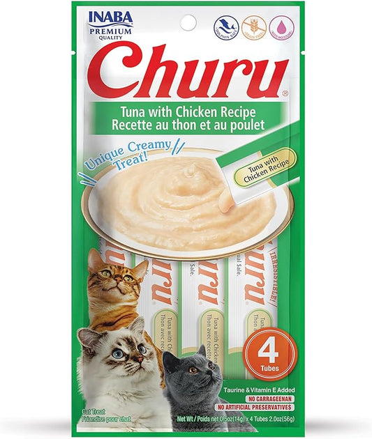 INABA Churu Cat Treats, Grain-Free, Lickable, Squeezable Creamy Purée Cat Treat/Topper with Vitamin E & Taurine, 0.5 Ounces Each Tube, 4 Tubes, Tuna with Chicken Recipe