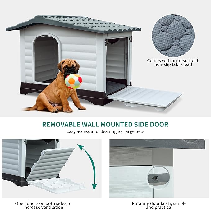 YITAHOME 36'' Large Double Door Dog House with Porch & Cushion, Outdoor Plastic Doghouse with Elevated Base, Easy to Install, Water-Resistant Pet House for Small Medium Dogs (36''L*27.1''W*26''H)