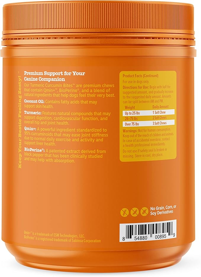 Zesty Paws Turmeric Curcumin for Dogs - for Hip & Joint Mobility Supports Canine Digestive Cardiovascular & Liver Health Coconut Oil for Skin Health with 95% Curcuminoids + BioPerine - 250 Count