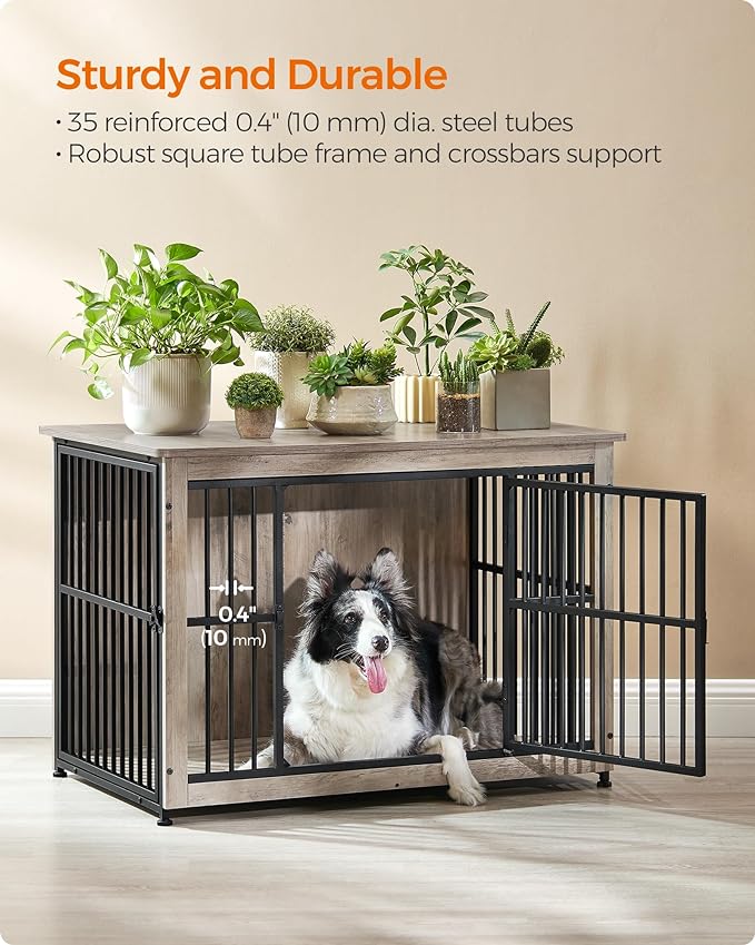 Feandrea Dog Crate Furniture, Side End Table, Modern Kennel for Dogs Indoor up to 70 lb, Heavy-Duty Dog Cage with Enclosed Base, Double-Door Dog House, Heather Greige UPFC023G01