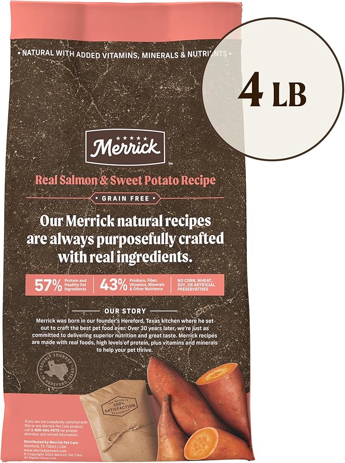 Merrick Premium Grain Free Dry Adult Dog Food, Wholesome And Natural Kibble With Real Salmon And Sweet Potato - 4.0 lb. Bag