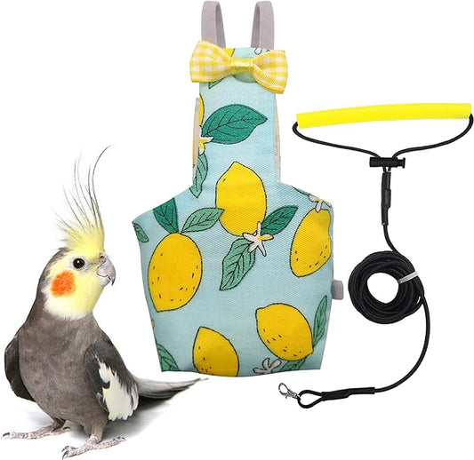 Bird Diaper Harness Flight Suit Clothes with 80 Inch Flying Leash Rope for Parrots Conure Cockatiel Pet Birds Weight 80-105 Grams, M Size Lemon, Including A Cotton Pad