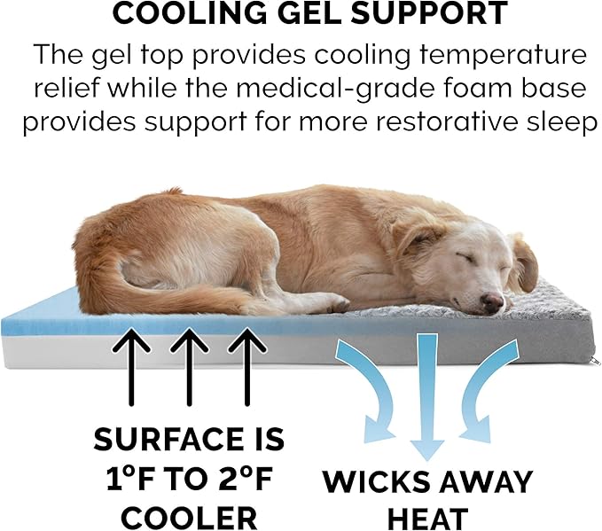 Furhaven Cooling Gel Dog Bed for Large/Medium Dogs w/ Removable Washable Cover, For Dogs Up to 55 lbs - Ultra Plush Faux Fur & Suede Mattress - Gray, Large