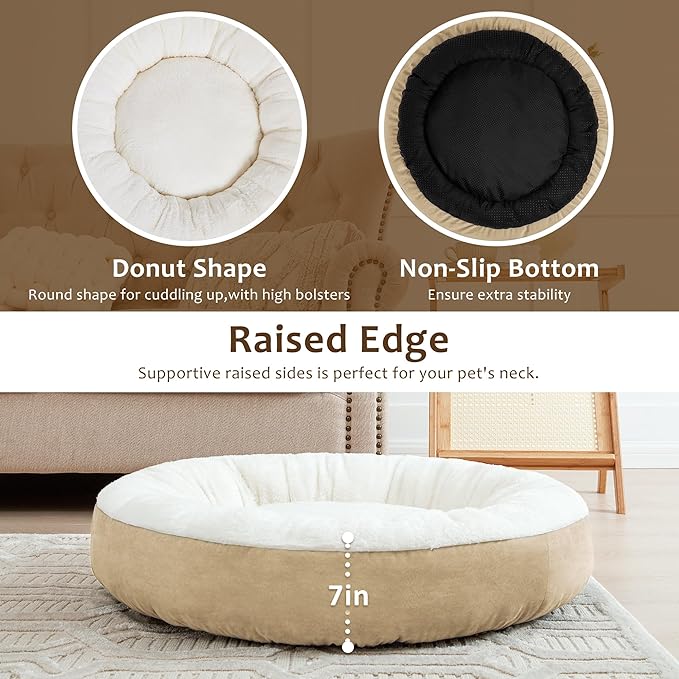 Love's cabin Round Donut Cat and Dog Cushion Bed, 30in Pet Bed for Medium or Large Dogs, Anti-Slip & Water-Resistant Bottom, Soft Durable Fabric Pet beds, Washable Calming Cat & Dog Bed Camel