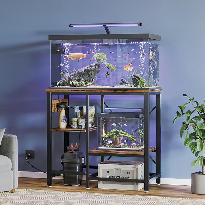 Bestier 20-29-37 Gallon Fish Tank Stand with Power Outlets, 6-Leg Metal Aquarium Stand, Reptile Tank Stand with 3-Tier Adjustable Storage Shelve, 400LBS Capacity 30.7" L x 13.8" W