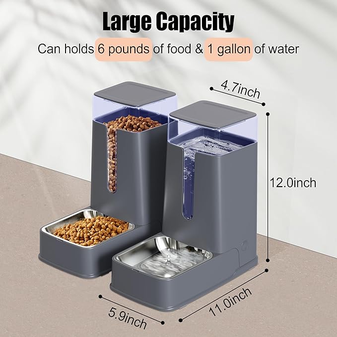 Automatic Cat Feeder and Cat Water Dispenser Set with Stainless Steel Bowls Gravity Dog Feeder for Small Medium Big Dog Pets Puppy Kitten, 1 Gallon x 2