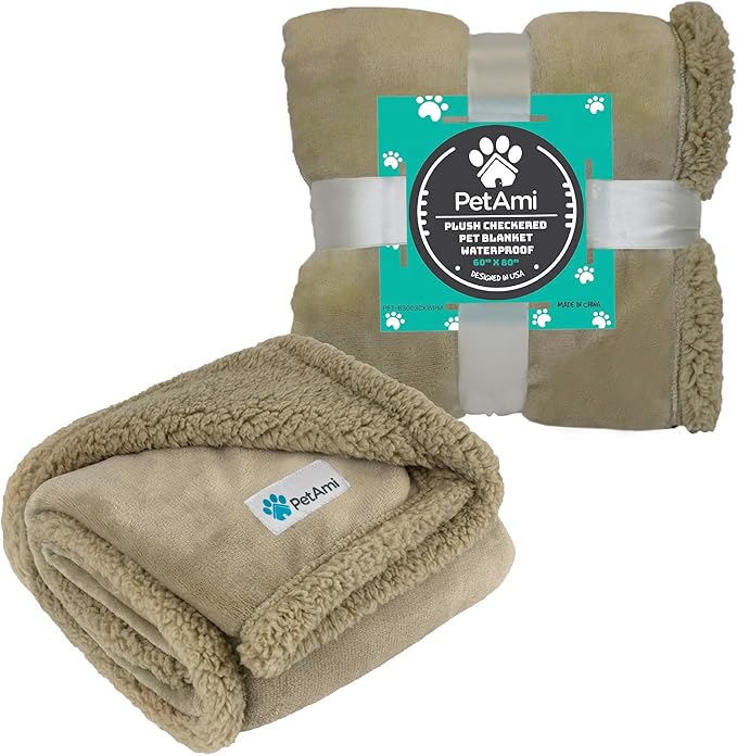 PetAmi WATERPROOF Dog Blanket for Bed, XL Dog Pet Blanket Couch Cover Protector, Sherpa Fleece Leakproof Blanket for Crate Kennel Sofa Furniture Queen Bed Protection Reversible Soft 90x90 Taupe Taupe