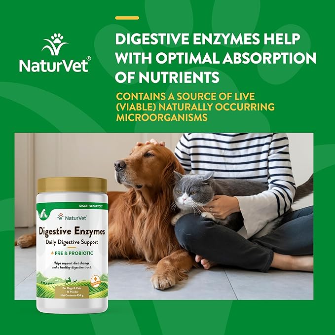 NaturVet – Digestive Enzymes - Plus Probiotics & Prebiotics – Helps Support Diet Change & A Healthy Digestive Tract – for Dogs & Cats – 1 lb Powder