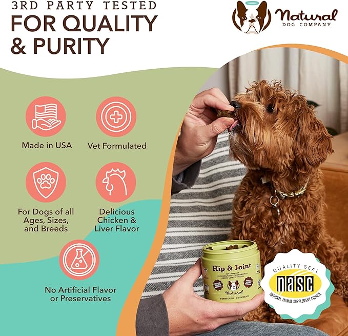 Natural Dog Company Hip & Joint Chews, Chicken Liver & Turmeric Flavor, with Glucosamine Chondroitin for Dogs, Maintains Bone and Joint Health, Supplements for Seniors and Puppies, 90 Count